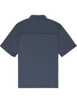 Chemise en coton marine à carreaux avec des manches courtes et une coupe droite