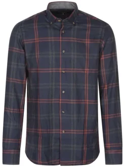 Chemise en coton marine à carreaux avec une coupe droite et col américain