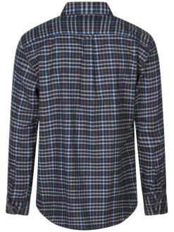 Chemise en coton marine à carreaux avec une coupe droite et col américain