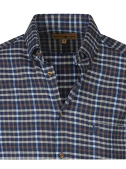 Chemise en coton marine à carreaux avec une coupe droite et col américain