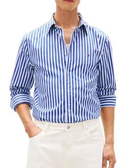 Chemise en coton marine à coupe droite ornée d'un motif à rayures