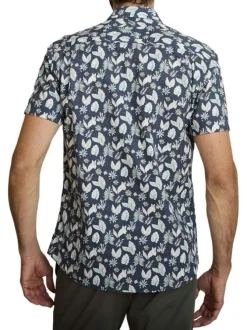 Chemise en coton marine à coupe droite ornée d'un motif végétal