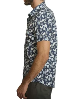 Chemise en coton marine à coupe droite ornée d'un motif végétal