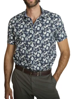 Chemise en coton marine à coupe droite ornée d'un motif végétal