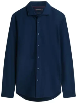 Chemise en coton marine à coupe droite pourvue d'un col à revers