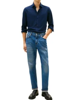 Chemise en coton marine à coupe droite pourvue d'un col à revers