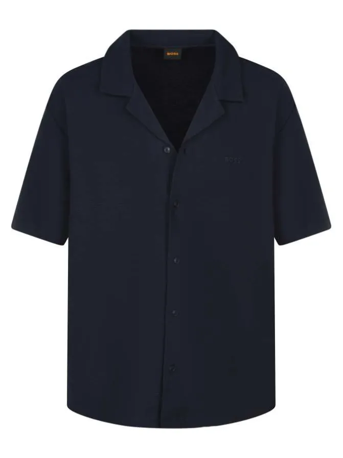 Chemise en coton marine en maille effet gaufrée avec une coupe droite