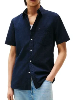 Chemise en coton marine en maille texturée pourvue d'un col à revers