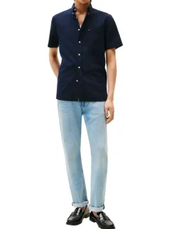 Chemise en coton marine en maille texturée pourvue d'un col à revers
