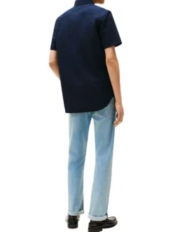 Chemise en coton marine en maille texturée pourvue d'un col à revers