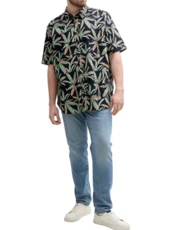 Chemise en coton marine et verte à motif floral, coupe droite et col à revers