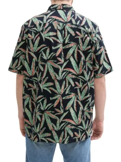 Chemise en coton marine et verte à motif floral, coupe droite et col à revers