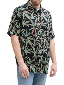 Chemise en coton marine et verte à motif floral, coupe droite et col à revers