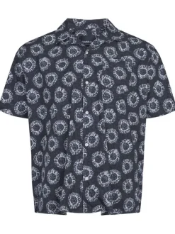 Chemise en coton marine fantaisie coupe regular fit col cubain