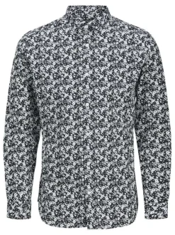Chemise en coton marine fleurie à coupe slim avec un col français