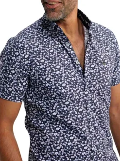 Chemise en coton marine florale pourvue d'une coupe droite et d'un col français