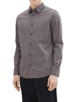 Chemise en coton marine imprimé avec une coupe droite et un col français