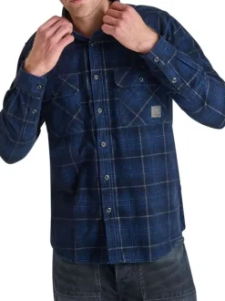 Chemise en coton marine imprimée avec un col français et une coupe droite