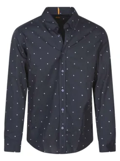 Chemise en coton marine imprimée avec une coupe ajustée et un col boutonné