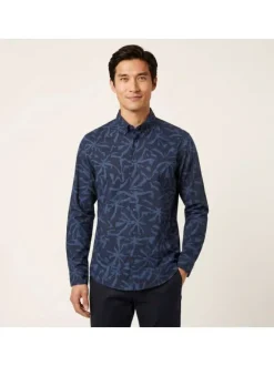 Chemise en coton marine imprimée avec une coupe droite et des manches longues