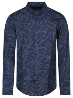 Chemise en coton marine imprimée avec une coupe droite et des manches longues