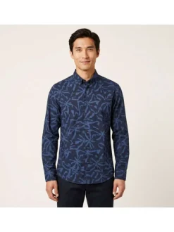 Chemise en coton marine imprimée avec une coupe droite et des manches longues