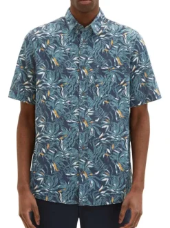 Chemise en coton marine imprimé feuille tropical à coupe droite et col italien