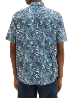 Chemise en coton marine imprimé feuille tropical à coupe droite et col italien