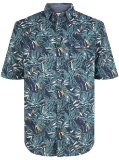 Chemise en coton marine imprimé feuille tropical à coupe droite et col italien