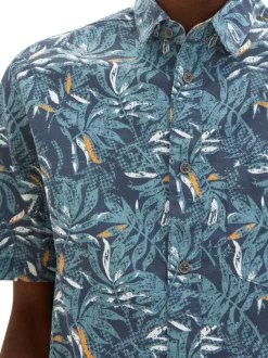 Chemise en coton marine imprimé feuille tropical à coupe droite et col italien