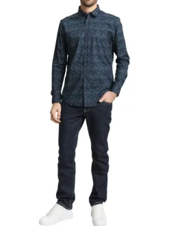 Chemise en coton marine à motifs avec une coupe droite et un col boutonné