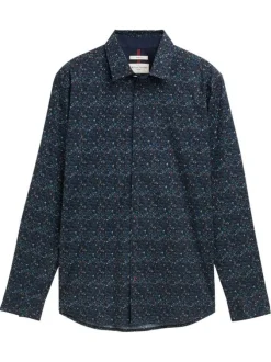 Chemise en coton marine à motifs avec une coupe droite et un col boutonné