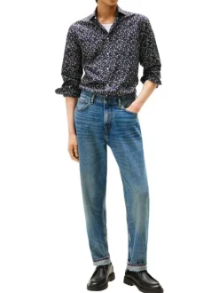 Chemise en coton marine ornée d'un motif floral avec un col à rabats