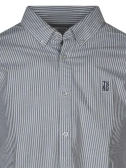 Chemise en coton marine rayée avec une coupe ajustée et un col français
