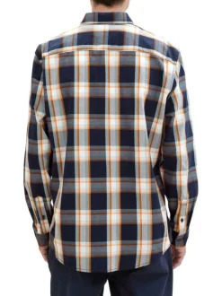 Chemise en coton marine tartan avec une coupe droite et un col français