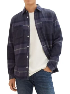 Chemise en coton marine tartan coupe regular et un col français