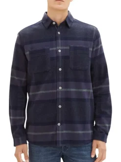 Chemise en coton marine tartan coupe regular et un col français