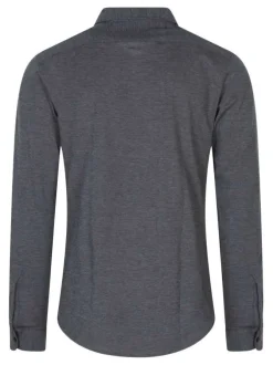 Chemise en coton marine unie avec boutonnière nacrée et logo brodé