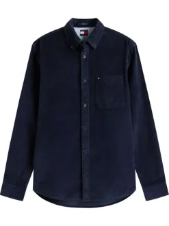 Chemise en coton marine unie avec une coupe droite et un col chemise