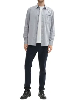 Chemise en coton marine unie à coupe droite et col français avec poche plaquée