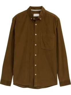 Chemise en coton marron unie en velours côtelé avec un col à rabats