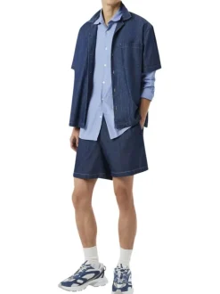 Chemise en coton mélangé bleue à coupe droite ornée d'un motif à rayures