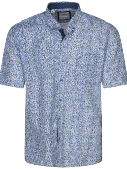 Chemise en coton mélangé ciel imprimée par des fleurs avec un col français