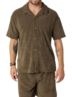 Chemise en coton mélangé kaki unie pourvue d'une coupe droite