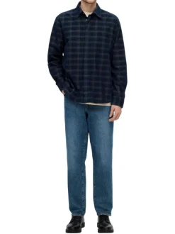 Chemise en coton mélangé marine à carreaux à coupe droite et col français