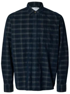 Chemise en coton mélangé marine à carreaux à coupe droite et col français