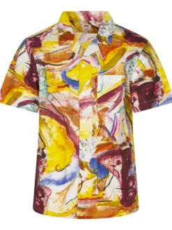 Chemise en coton multicolore imprimé abstrait à coupe droite et col cubain