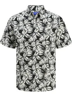 Chemise en coton noire à imprimé floral avec coupe large et col à français