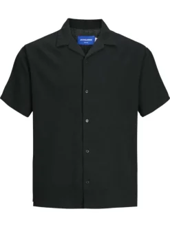 Chemise en coton noire unie avec un col français et une coupe droite