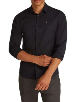 Chemise en coton noire unie avec une coupe ajustée et le logo en petit